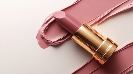 Obraz premium Lipstick, blush, makeup, gold, swirls, on a light background