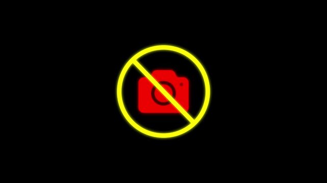 Animation of no use camera Sign for Privacy Zones and Restricted Areas. No camera area. No handphone area No photos on a fence at a historical site. No photography allowed. High quality 4k footage 
