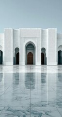 White mosque facade, tranquil reflection