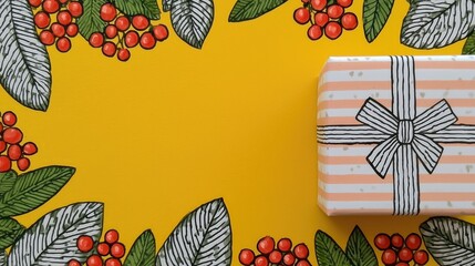 Gift box with striped bow, surrounded by hand - drawn red berries and green leaves on yellow background, ideal for festive poster and wallpaper designs.