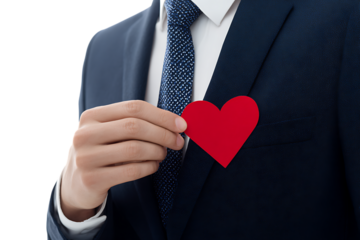 Businessman holding a red heart, close up.