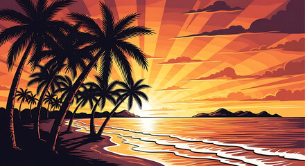 A beautiful sunset over a tropical island beach with palm trees and ocean waves, a graphic vector illustration