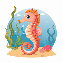 Fototapeta premium Enchanting Seahorse Illustration in an Underwater Scene with Coral Reef and Seaweed