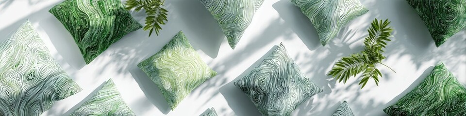 Green and white patterned cushions,  natural light