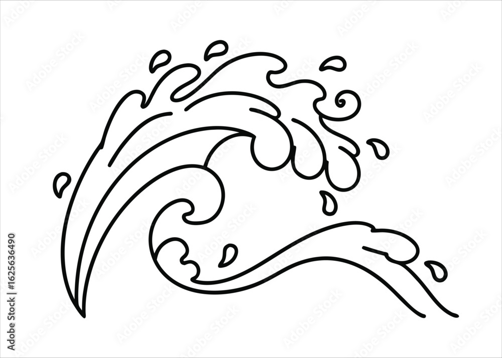 Poster elegant single line art depicting dynamic water splashes and flowing ocean waves in a minimalist sty