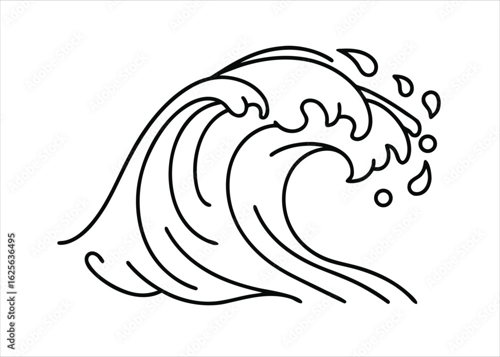 Poster elegant single line art depicting dynamic water splashes and ocean waves in a fluid artistic style