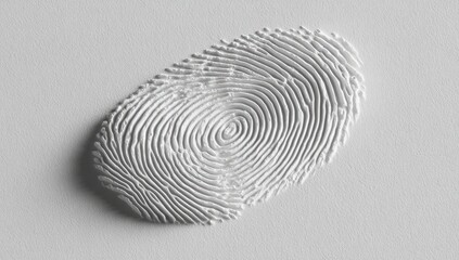 A single, slightly oval-shaped fingerprint, embossed in white relief on a plain white surface
