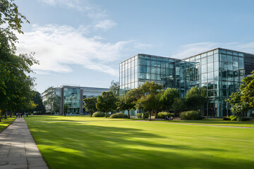 Photorealistic image of a bright campus lawn and contemporary glass-walled university building under blue sky