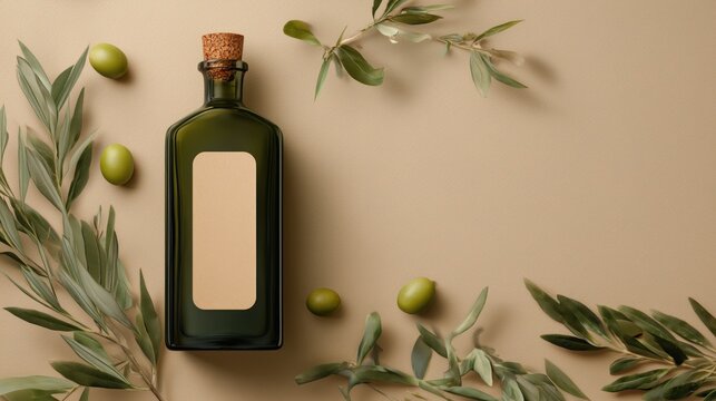 Dark Green Olive Oil Bottle with Cork and Blank Label – Surrounded by Olive Branches and Green Olives on Beige Surface - Powered by Adobe