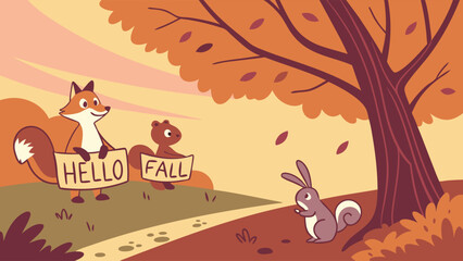 Hello Fall Forest Animals Illustration with Fox, Squirrel, and Rabbit Holding Seasonal Signs in Autumn Landscape