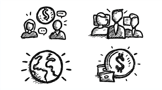 Business doodle sketch icons for global team finance and communication - Powered by Adobe