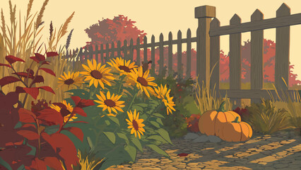 Vibrant Autumn Garden with Golden Sunflowers, Rustic Picket Fence, and Harvest Pumpkins Amidst Warm Fall Foliage