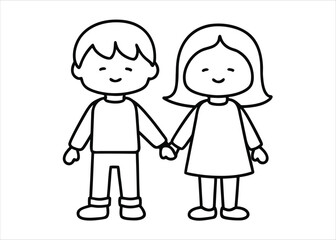 Charming line art depicting a young brother and sister sharing a tender moment of mutual affection and admiration