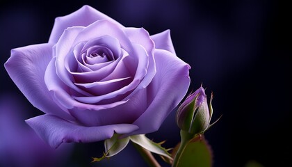 high resolution macro shot of a lavender rose with a delicate rosebud on the stem