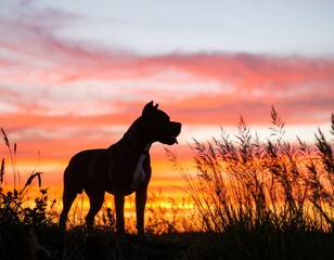 American Staffordshire Terrier silhouette at vibrant sunset