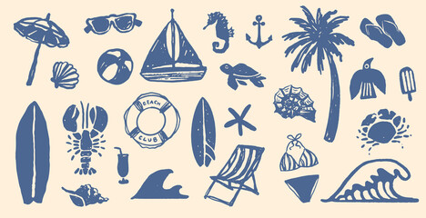 Hand Drawn Summer Beach Icon Vacation and Picnic Elements, Umbrella, Surfboard, Wave, Coastal T-shirt and Poster