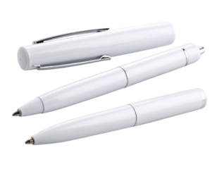 Uncapped White Ballpoint Pen with Tip Exposed and Cap Beside, Angled View, Transparent PNG