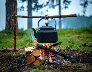 Black kettle boiling on a campfire in a forest