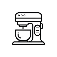 A clean, black and white line art icon of a modern stand mixer with a mixing bowl and controls.