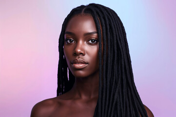 Elegant Vantablack woman with stylish dreadlocks in professional studio, against serene pastel background. vibrant detailed