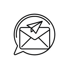A black and white line art icon depicting an envelope with a paper airplane flying out, enclosed within a circular speech bubble.