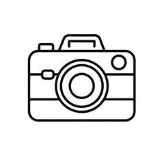A minimalist black and white outline illustration of a classic camera, featuring a prominent lens and viewfinder.
