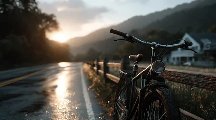 Gordijnen A scenic countryside road with a vintage bicycle parked beside the bike lane, early morning sunlight casting long shadows, mountains in the background, green fields glowing with dew, ultra-detailed, h © Bagas