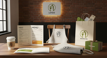 Professional cafe branding mockup with takeaway bags, menus, and coffee cup for modern business promotion