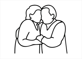 Artistic continuous line drawing depicting a loving elderly couple embracing tenderly with a focus on their connection isolated on white background