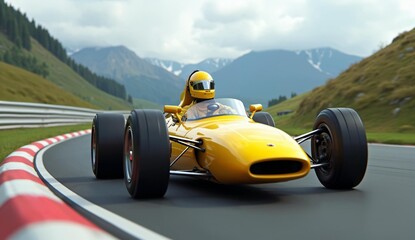 Yellow Formula Race Car Speeding on a Mountain Road