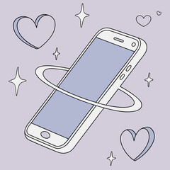 Illustration of a modern smartphone surrounded by hearts and stars on a light purple background perfect for social media