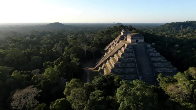 Aerial view of the ancient mayan pyramid of coba shrouded in fog at sunrise, a historic landmark in yucatan, mexico, showcasing mayan civilization and travel destination