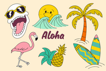 Fototapeta premium Vector art of colorful vector illustration featuring tropical summer vacation elements like flamingo pineapple and surfboard ideal for beach themed designs