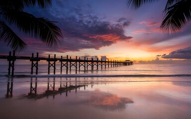 Fototapeta premium Wooden pier at sunset with colorful sky and ocean reflection