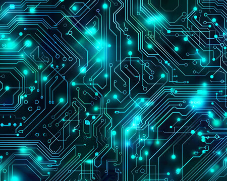 Abstract circuit board background with bracket-shaped pathways, neon blue and teal glow, intricate lines and nodes, futuristic tech texture, high detail, seamless tileable pattern