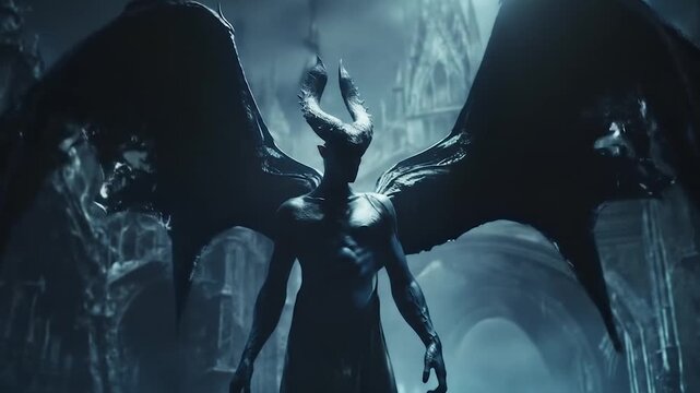 Dark winged incubus silhouette against towering gothic cathedral spires in atmospheric blue-toned fantasy scene with dramatic lighting and mysterious supernatural ambiance