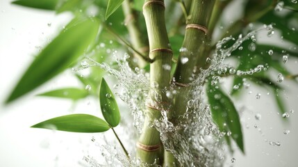 Water splashing on vibrant green bamboo