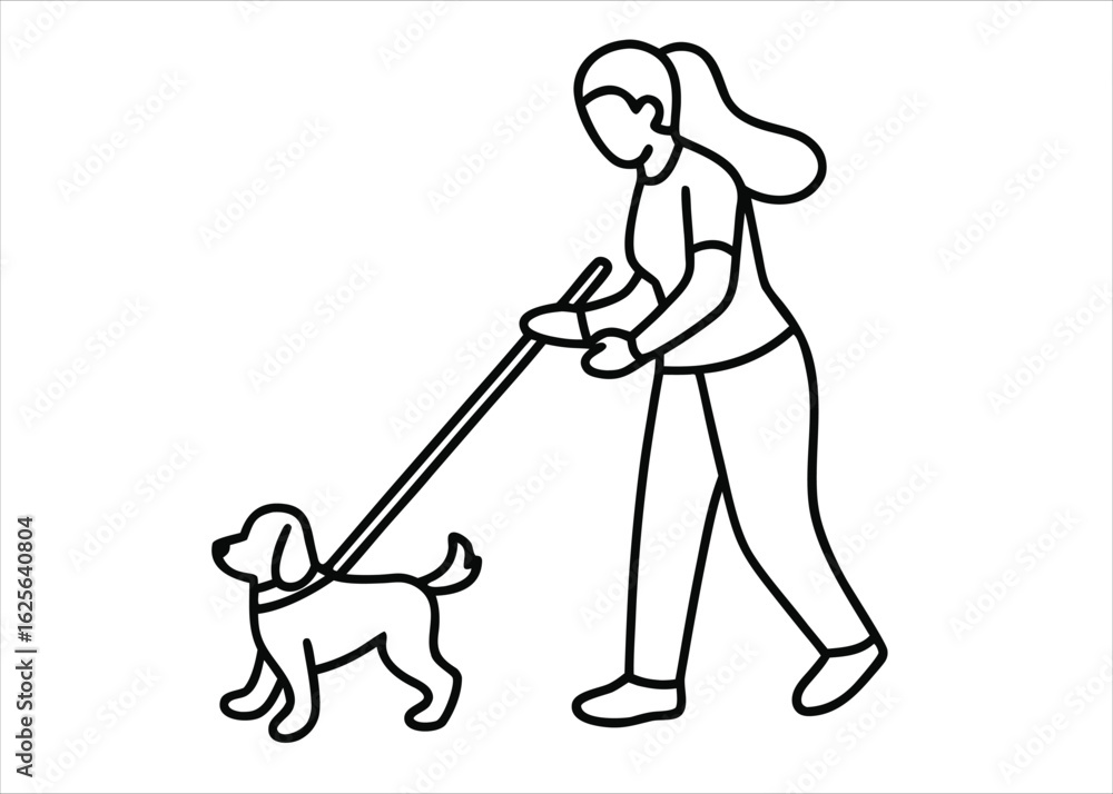 Poster artistic continuous line drawing of a person teaching a canine companion to fetch a thrown object wi