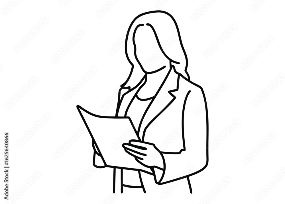 Poster artistic depiction of a person holding a paper document presented in a fluid continuous line style w