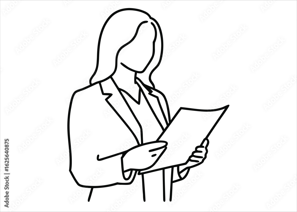 Poster artistic depiction of a person holding a paper document with a continuous line drawing style showcas