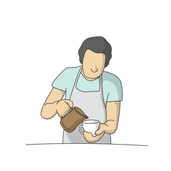 male barista pouring coffee into cup illustration vector hand drawn with black lines isolated on white background.