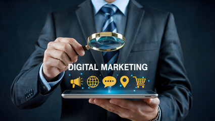 A man in suit holding a tablet with digital marketing icons and magnifying glass in dark background