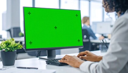 Office worker green screen computer.