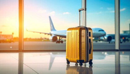 Travel concept with two blue suitcases and a hat at the airport. Luggage ready for a vacation journey as a plane takes off.
