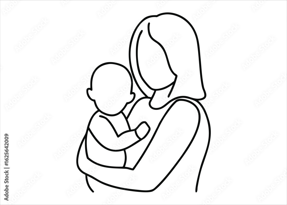 Poster elegant abstract mother and child embraced in a single continuous flowing line art design symbolizin