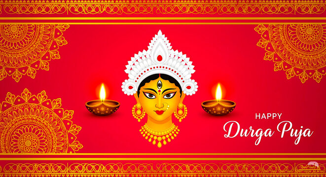 Vibrant illustration of goddess durga s face adorned with a traditional crown and illuminated by diyas celebrating durga puja festival - Powered by Adobe