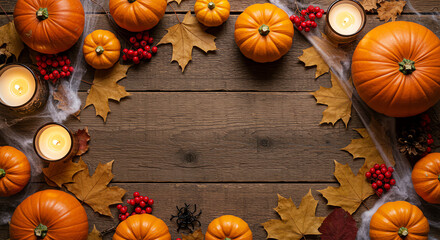 Golden pumpkins and vibrant autumn leaves decorate a rustic wooden background, embodying the essence of fall harvest and Halloween