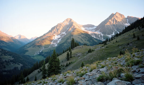 Majestic mountain landscape with snow-capped peaks and lush green valley at sunrise