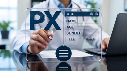 Doctor interacting with digital patient information interface in a modern setting