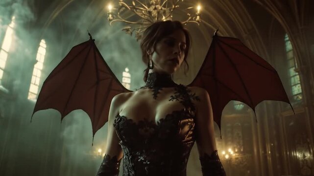 Demon succubus young woman with bat wings and corset stands in shadowy gothic cathedral, creating an ominous supernatural atmosphere with ancient stone architecture